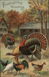 Thanksgiving Greeting - Farm House, Autumn Leaves and Turkeys Postcard