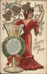 A Happy New Year - festively dressed woman holds her glass up to toast the New Year Postcard