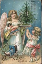 A Merry Christmas - Angel presents little girl with a small Christmas tree and a new doll Angels Postcard Postcard Postcard