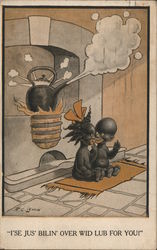 Kettle Boiling Two Children "I'se Jus' Bilin' Over Wid Lub Postcard