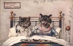 "Breakfast in Bed Charged Extra" - two cats in a bed with breakfast and tea Postcard