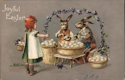 Joyful Easter: Girl collects eggs from two bunnies Postcard