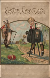 Boy photographing Easter Bunny: "Easter Greetings" Postcard