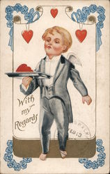 With my Regards - Angel man holding a plate of hearts with hearts around the card. Postcard