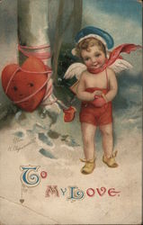 "To My Love" - Cupid (or cherub) has tied a heart to a tree Ellen Clapsaddle Postcard Postcard Postcard