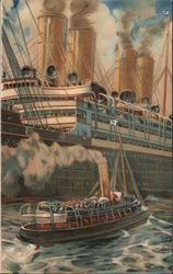 Small Steam Boat Approaches Large Cruise Ship Postcard