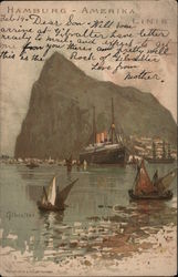 Hamburg-Amerika - Boats on water in front of a rock. Postcard