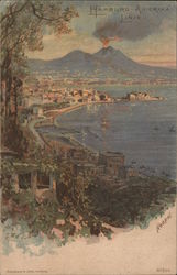 Hamburg Amerika Linie - Volcano erupting in the background, harbor in the foreground with a city. Postcard