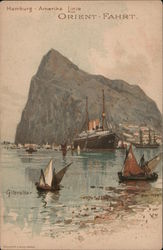 Hamburg - Amerika Linie Orient - Fahrt. Large Rock Ship Boats Gibraltar Postcard