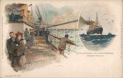 People on a ship in the water with a distant picture of the ship to the side. Postcard