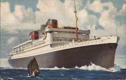 Steamship sailing in the ocean. Postcard