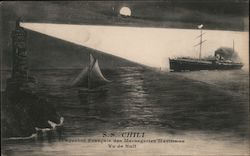 S.S. Chili Paquebot Francais des Messageries Maritimes Vu de Nuit, Lighthouse and Sailboat Postcard
