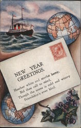 New Year Greetings Letter On Beach with Two Globes, Leafy Branch, and Ship at Sea in Background Postcard