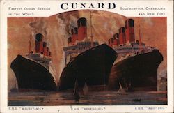 Three White and Black Cruise Ships Billowing Smoke into Red Sky Docked Near Smaller Ships Postcard