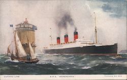 Cunard Line's RMS Berengaria at Sea Next to Sailboat and Lighthouse Postcard