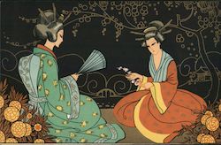 P-3 2 women in Japanese attire, sitting with a fan and a flower Postcard