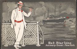 Man Viewing Red Star Line Steamer Through Telescope E-5 Postcard