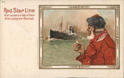 Old Man with Pipe Looks Out to Ship at Sea Postcard
