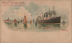 A large ship on the water surrounded by smaller boats. Postcard