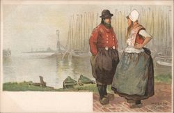 Boats Man Woman Dutch Costumes Wooden Shoes Marken Holland Henri Artist Signed Postcard Postcard Postcard