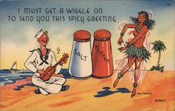 Sailor Plays the Ukulele with Hula Dancer -Salt and Pepper Postcard