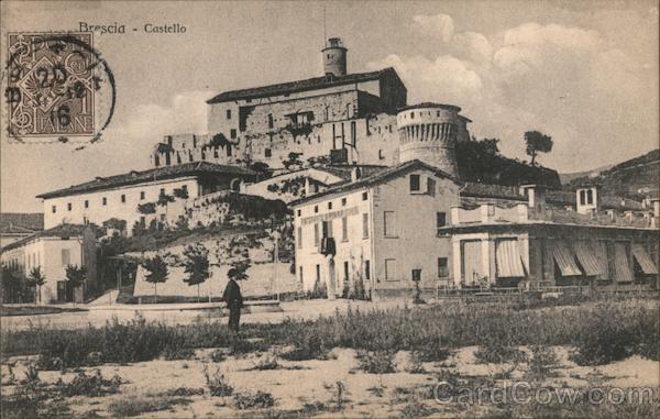 View of Brescia castle with a man in the foreground Italy