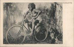 Civilized Fiji - Native Woman on a Bicycle Postcard