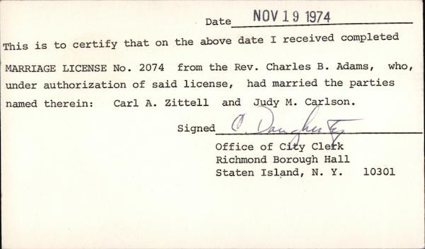 Marriage License No. 2074 Staten Island New York Postal Cards & Correspondence