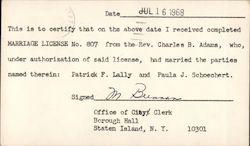 Staten Island - Marriage of Patrick F. Lally and Paula J. Schoechert Postcard
