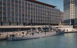 Navy Ship Docked at Sun Times Building Chicago, IL Postcard Postcard Postcard