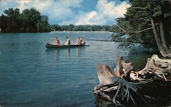 Greetings from Colchester, Conn.- Three People on a Canoe Postcard
