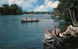 Greetings from Colchester, Conn.- Three People on a Canoe Connecticut Postcard Postcard Postcard