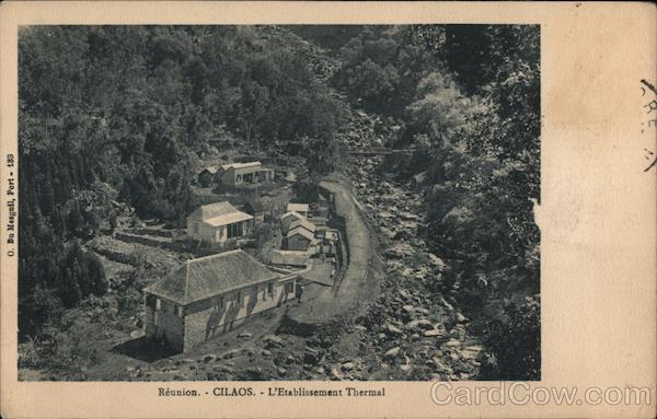 Photograph of thermal bath houses in the forest Cilaos Reunion