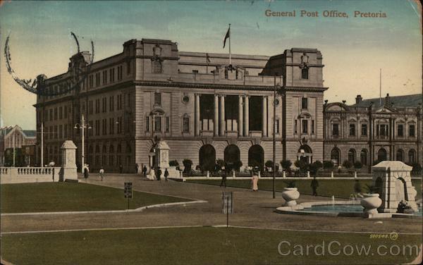 Exterior of a post office with pedestrians out front Pretoria South Africa