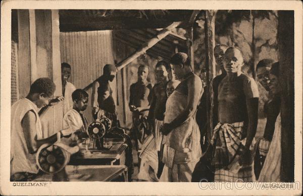 People lined up in front of seamstresses at sewing machines Queliman Mozambique