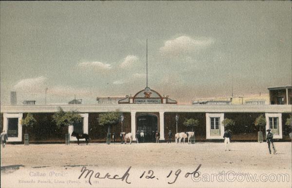 Municipal building with people and cows standing outside Lima Peru