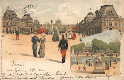 Illustration of the outside of the Louvre with people in nineteenth century clothing Postcard