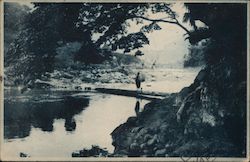 A person crossing a footbridge across a river Osaka, Japan Postcard Postcard Postcard