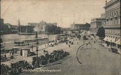 Photograph of the Swedish parliament house located on a canal Postcard
