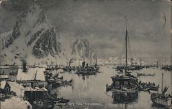 Fishing boats in the sea with fjords in the background Postcard