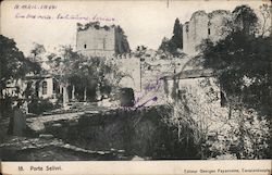 A castle with trees located on a harbor Postcard