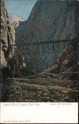 Train bridge crossing a canyon between two tunnels in the rock Postcard