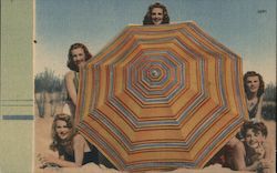 Five Girls Behind a Large Striped Umbrella on the Beach Postcard