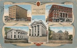 Greetings from Pittsfield, Mass., Hotel Wendell, The New American Hotel, Post Office, Agricultural National Bank, Public Library Postcard