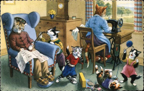 Cats in Living Room Sewing, Sleeping in Chair, Playing