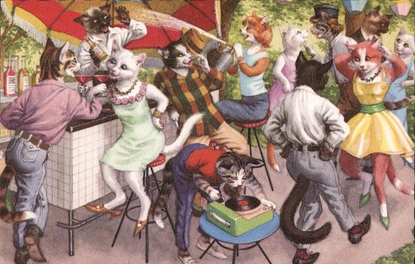 Cartoon Cats Having A Garden Party