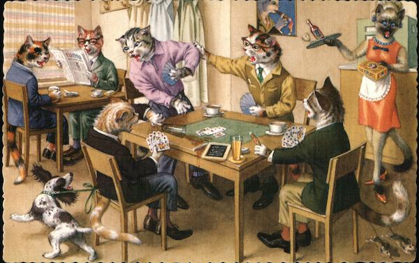 Cats Playing Cards and Reading Dog Barking Mice Running