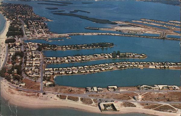 Air View of Clearwater Beach looking toward Clearwater Causeway from the south end of the Beach. Florida