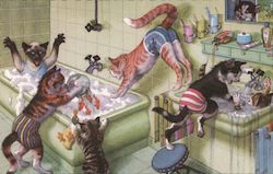 Cats in Bath Tub Dumping Goldfish In Tub Postcard