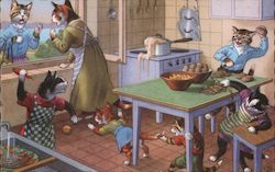 Cats in Kitchen Having Food Fight Postcard